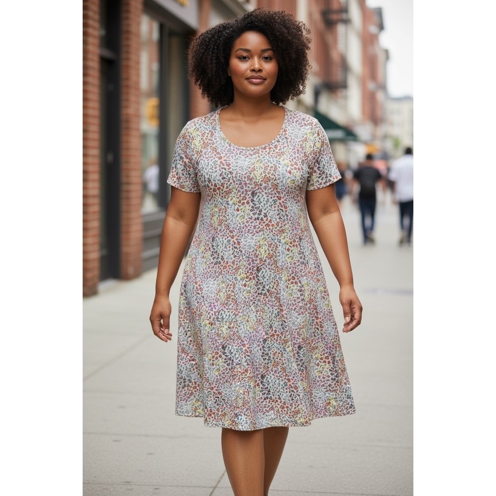 Lands End Womens Size XL Floral Print Short Sleeve T Shirt Dress Cotton Casual